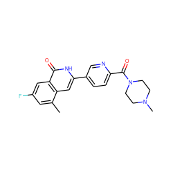 Cc1cc(F)cc2c(=O)[nH]c(-c3ccc(C(=O)N4CCN(C)CC4)nc3)cc12 ZINC001772636157