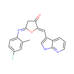 Cc1cc(F)ccc1/N=C1/CC(=O)/C(=C/c2c[nH]c3ncccc23)O1 ZINC001772602812