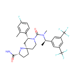 Cc1cc(F)ccc1[C@H]1C[C@@]2(CC[C@H](C(N)=O)N2)CCN1C(=O)N(C)[C@H](C)c1cc(C(F)(F)F)cc(C(F)(F)F)c1 ZINC000116165551