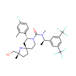 Cc1cc(F)ccc1[C@H]1C[C@@]2(CCN1C(=O)N(C)[C@H](C)c1cc(C(F)(F)F)cc(C(F)(F)F)c1)CC[C@](C)(CO)N2 ZINC000116166113