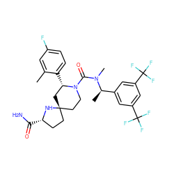 Cc1cc(F)ccc1[C@H]1C[C@]2(CC[C@H](C(N)=O)N2)CCN1C(=O)N(C)[C@H](C)c1cc(C(F)(F)F)cc(C(F)(F)F)c1 ZINC000116164963