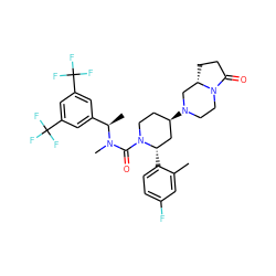 Cc1cc(F)ccc1[C@H]1C[C@H](N2CCN3C(=O)CC[C@H]3C2)CCN1C(=O)N(C)[C@H](C)c1cc(C(F)(F)F)cc(C(F)(F)F)c1 ZINC000096286261