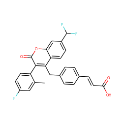 Cc1cc(F)ccc1-c1c(Cc2ccc(/C=C/C(=O)O)cc2)c2ccc(C(F)F)cc2oc1=O ZINC000299852754