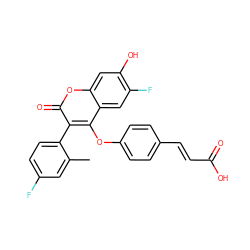 Cc1cc(F)ccc1-c1c(Oc2ccc(/C=C/C(=O)O)cc2)c2cc(F)c(O)cc2oc1=O ZINC000299851456