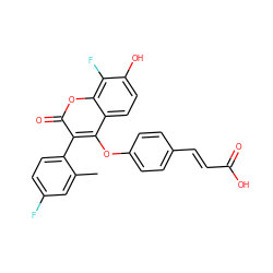 Cc1cc(F)ccc1-c1c(Oc2ccc(/C=C/C(=O)O)cc2)c2ccc(O)c(F)c2oc1=O ZINC000299852797