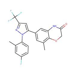 Cc1cc(F)ccc1-n1nc(C(F)(F)F)cc1-c1cc(C)c2c(c1)NC(=O)CO2 ZINC000073197629