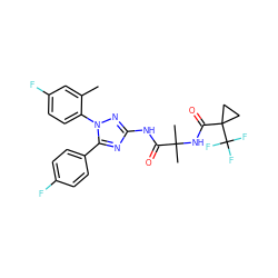 Cc1cc(F)ccc1-n1nc(NC(=O)C(C)(C)NC(=O)C2(C(F)(F)F)CC2)nc1-c1ccc(F)cc1 ZINC000653712891