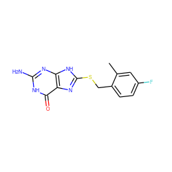 Cc1cc(F)ccc1CSc1nc2c(=O)[nH]c(N)nc2[nH]1 ZINC000653903309