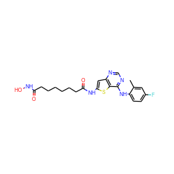 Cc1cc(F)ccc1Nc1ncnc2cc(NC(=O)CCCCCCC(=O)NO)sc12 ZINC001772576734