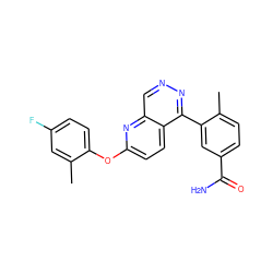 Cc1cc(F)ccc1Oc1ccc2c(-c3cc(C(N)=O)ccc3C)nncc2n1 ZINC000138255600