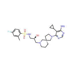 Cc1cc(F)ccc1S(=O)(=O)NC[C@@H](O)CN1CCC[C@@]2(CCN(c3ncnc(N)c3C3CC3)C2)C1 ZINC000071329626