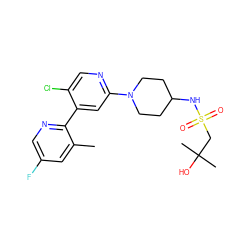 Cc1cc(F)cnc1-c1cc(N2CCC(NS(=O)(=O)CC(C)(C)O)CC2)ncc1Cl ZINC000146803555