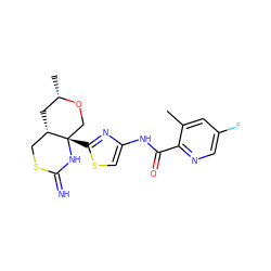 Cc1cc(F)cnc1C(=O)Nc1csc([C@]23CO[C@@H](C)C[C@H]2CSC(=N)N3)n1 ZINC001772583818