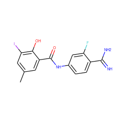 Cc1cc(I)c(O)c(C(=O)Nc2ccc(C(=N)N)c(F)c2)c1 ZINC000013444429