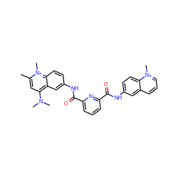 Cc1cc(N(C)C)c2cc(NC(=O)c3cccc(C(=O)Nc4ccc5c(ccc[n+]5C)c4)n3)ccc2[n+]1C ZINC000003986155