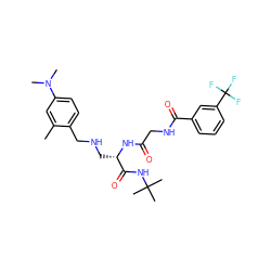 Cc1cc(N(C)C)ccc1CNC[C@H](NC(=O)CNC(=O)c1cccc(C(F)(F)F)c1)C(=O)NC(C)(C)C ZINC000028952414