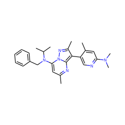 Cc1cc(N(Cc2ccccc2)C(C)C)n2nc(C)c(-c3cnc(N(C)C)cc3C)c2n1 ZINC000013583175