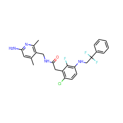 Cc1cc(N)nc(C)c1CNC(=O)Cc1c(Cl)ccc(NCC(F)(F)c2ccccc2)c1F ZINC000028956127