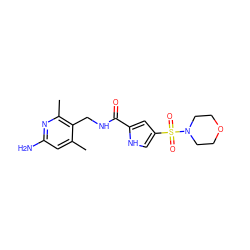 Cc1cc(N)nc(C)c1CNC(=O)c1cc(S(=O)(=O)N2CCOCC2)c[nH]1 ZINC000114079646