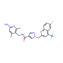 Cc1cc(N)nc(C)c1CNC(=O)c1cnn(Cc2cc(C(F)(F)F)c3cc(F)ccc3n2)c1 ZINC000114079126