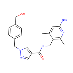 Cc1cc(N)nc(C)c1CNC(=O)c1cnn(Cc2ccc(CO)cc2)c1 ZINC000114079063