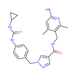 Cc1cc(N)nc(C)c1CNC(=O)c1cnn(Cc2ccc(NC(=O)NC3CC3)cc2)c1 ZINC000114077630