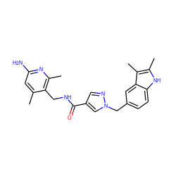 Cc1cc(N)nc(C)c1CNC(=O)c1cnn(Cc2ccc3[nH]c(C)c(C)c3c2)c1 ZINC000114079349