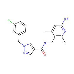 Cc1cc(N)nc(C)c1CNC(=O)c1cnn(Cc2cccc(Cl)c2)c1 ZINC000114078644