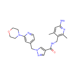 Cc1cc(N)nc(C)c1CNC(=O)c1cnn(Cc2ccnc(N3CCOCC3)c2)c1 ZINC000114077665