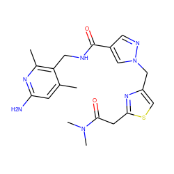 Cc1cc(N)nc(C)c1CNC(=O)c1cnn(Cc2csc(CC(=O)N(C)C)n2)c1 ZINC000114079259