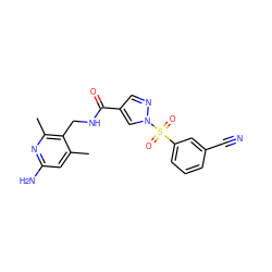 Cc1cc(N)nc(C)c1CNC(=O)c1cnn(S(=O)(=O)c2cccc(C#N)c2)c1 ZINC000114078695