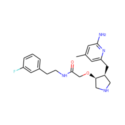 Cc1cc(N)nc(C[C@H]2CNC[C@H]2OCC(=O)NCCc2cccc(F)c2)c1 ZINC000040891782