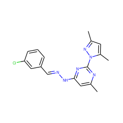 Cc1cc(N/N=C/c2cccc(Cl)c2)nc(-n2nc(C)cc2C)n1 ZINC000004591016