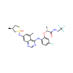 Cc1cc(N=[S@@]2(=O)CC[C@H](C)C2)cc2ncnc(Nc3ccc(F)cc3O[C@H](C)C(=O)NCC(F)(F)F)c12 ZINC001772593550