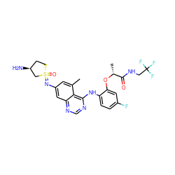 Cc1cc(N=[S@@]2(=O)CC[C@H](N)C2)cc2ncnc(Nc3ccc(F)cc3O[C@H](C)C(=O)NCC(F)(F)F)c12 ZINC001772647568