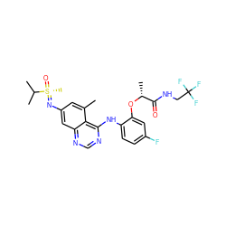 Cc1cc(N=[S@](C)(=O)C(C)C)cc2ncnc(Nc3ccc(F)cc3O[C@H](C)C(=O)NCC(F)(F)F)c12 ZINC001772598820