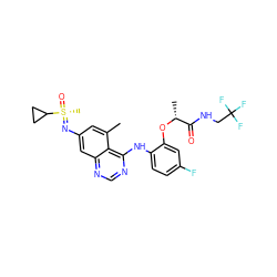 Cc1cc(N=[S@](C)(=O)C2CC2)cc2ncnc(Nc3ccc(F)cc3O[C@H](C)C(=O)NCC(F)(F)F)c12 ZINC001772607287