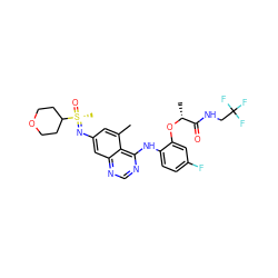 Cc1cc(N=[S@](C)(=O)C2CCOCC2)cc2ncnc(Nc3ccc(F)cc3O[C@H](C)C(=O)NCC(F)(F)F)c12 ZINC001772597455