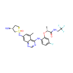 Cc1cc(N=[S@]2(=O)CC[C@@H](N)C2)cc2ncnc(Nc3ccc(F)cc3O[C@H](C)C(=O)NCC(F)(F)F)c12 ZINC001772635771