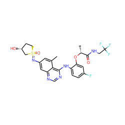 Cc1cc(N=[S@]2(=O)CC[C@@H](O)C2)cc2ncnc(Nc3ccc(F)cc3O[C@H](C)C(=O)NCC(F)(F)F)c12 ZINC001772581161