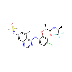 Cc1cc(N=S(C)(C)=O)cc2ncnc(Nc3ccc(Cl)cc3O[C@H](C)C(=O)N[C@@H](C)C(F)(F)F)c12 ZINC001772608971