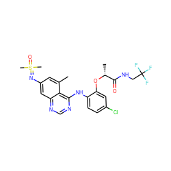 Cc1cc(N=S(C)(C)=O)cc2ncnc(Nc3ccc(Cl)cc3O[C@H](C)C(=O)NCC(F)(F)F)c12 ZINC001772575634