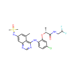 Cc1cc(N=S(C)(C)=O)cc2ncnc(Nc3ccc(Cl)cc3O[C@H](C)C(=O)NCC(F)F)c12 ZINC001772643381