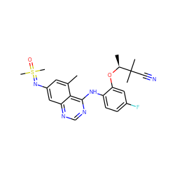 Cc1cc(N=S(C)(C)=O)cc2ncnc(Nc3ccc(F)cc3O[C@@H](C)C(C)(C)C#N)c12 ZINC001772587294