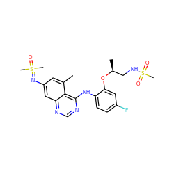 Cc1cc(N=S(C)(C)=O)cc2ncnc(Nc3ccc(F)cc3O[C@@H](C)CNS(C)(=O)=O)c12 ZINC001772646539