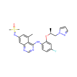 Cc1cc(N=S(C)(C)=O)cc2ncnc(Nc3ccc(F)cc3O[C@@H](C)Cn3cccn3)c12 ZINC001772642497