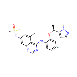 Cc1cc(N=S(C)(C)=O)cc2ncnc(Nc3ccc(F)cc3O[C@@H](C)c3ccnn3C)c12 ZINC001772655578