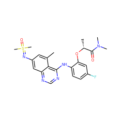 Cc1cc(N=S(C)(C)=O)cc2ncnc(Nc3ccc(F)cc3O[C@H](C)C(=O)N(C)C)c12 ZINC001772570633