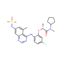 Cc1cc(N=S(C)(C)=O)cc2ncnc(Nc3ccc(F)cc3O[C@H](C)C(=O)N(C)C3CCCC3)c12 ZINC001772651724