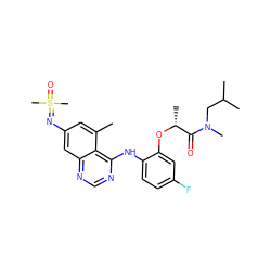 Cc1cc(N=S(C)(C)=O)cc2ncnc(Nc3ccc(F)cc3O[C@H](C)C(=O)N(C)CC(C)C)c12 ZINC001772625906